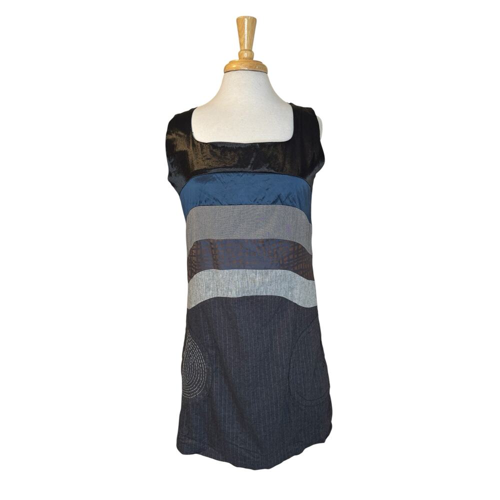 DESIGUAL Grey Antwerp Sleeveless Sheath Dress Sz 44 12-14 Lined Stripe Pinstripe